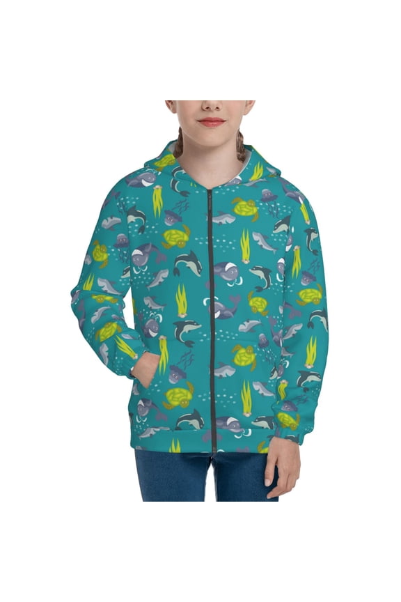 Cute Shark Turtle Teenage Zipper Hoodie, Long Sleeve Zip Up Hoodies Casual Jackets Tops for 7-12 Years-Medium