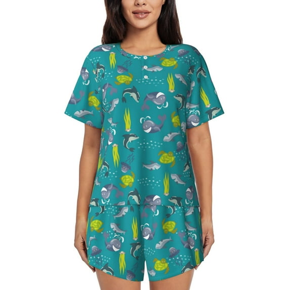 Naloa Cute Shark Turtle Women's Short-Sleeved Pajama Set, Loungewear, Summer pajamas, Breathable Cozy - XX-Large