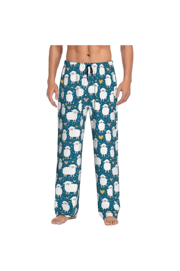 Cute Sheep And Hearts Pajama Pants Men, PJ Bottoms, Sleep & Lounge Pants-Medium