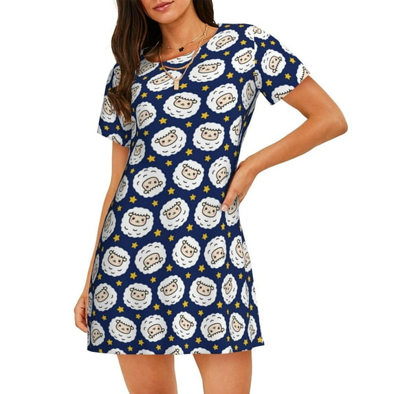 Naloa Cute Sheep With Star Print Women Nightgowns,Womens Loungewear,Short Sleeve Sleepwear,Comfy Ladies Nightdress