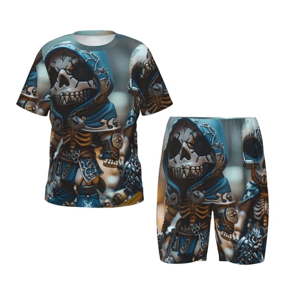 Naloa Cute Skeletons Figurines Print Boys Girls Summer Pajamas,Short Sleeve Top and Shorts 2 Piece Pajama Set,Pajamas Shorts Set-Small