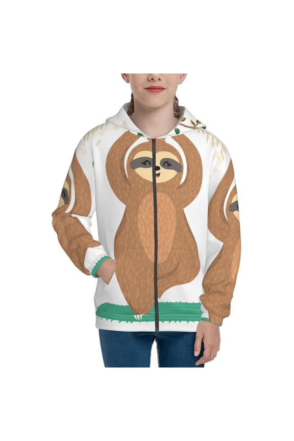 Cute Sloth In Yoga Pose Tree Teenage Zipper Hoodie, Long Sleeve Zip Up Hoodies Casual Jackets Tops for 7-12 Years-Small