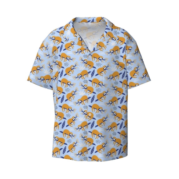 Naloa Cute Sloth Men's Loose Fit Cuban Collar Short-Sleeve Shirt with Button-down and Chest Pocket for Everyday Wear Outings - Small