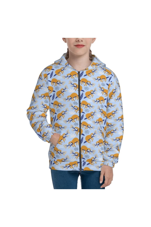 Cute Sloth Teenage Zipper Hoodie, Long Sleeve Zip Up Hoodies Casual Jackets Tops for 7-12 Years-Medium
