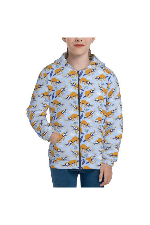 Cute Sloth Teenage Zipper Hoodie, Long Sleeve Zip Up Hoodies Casual Jackets Tops for 7-12 Years-Small