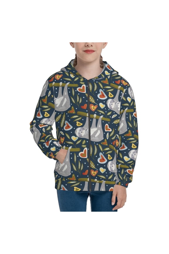 Cute Sloth Teenage Zipper Hoodie, Long Sleeve Zip Up Hoodies Casual Jackets Tops for 7-12 Years-Small