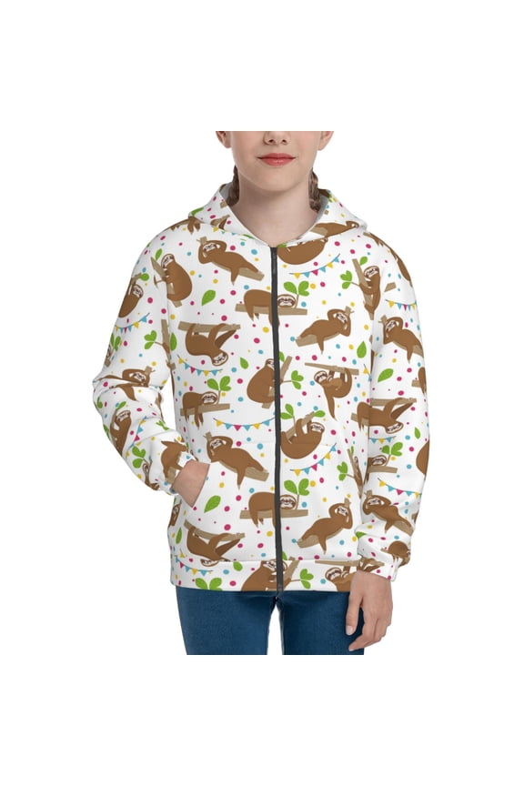 Cute Sloth Teenage Zipper Hoodie, Long Sleeve Zip Up Hoodies Casual Jackets Tops for 7-12 Years-Small