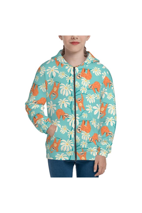 Cute Sloth on Floral Tree Teenage Zipper Hoodie, Long Sleeve Zip Up Hoodies Casual Jackets Tops for 7-12 Years-Small