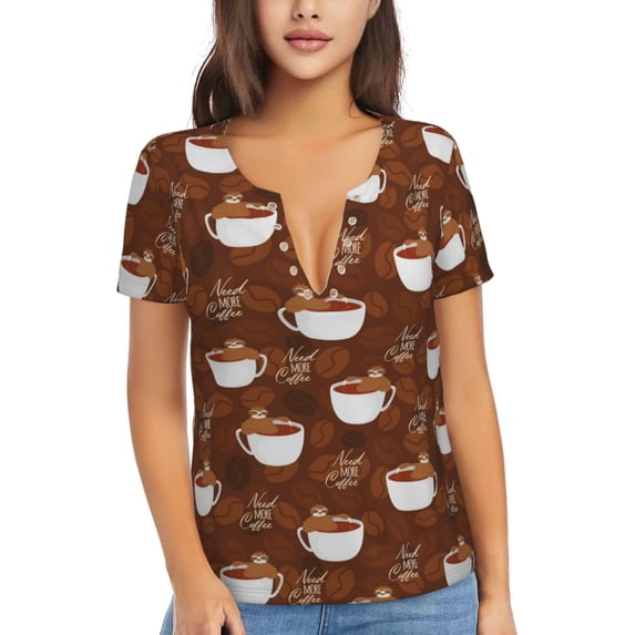 Naloa Cute Sloths Bear Relaxing In Coffee Cup Print T-Shirts Short Sleeve V Neck Tees for Women Fashion Tops Trendy Lightweight Soft Casual Summer Outfits Clothes