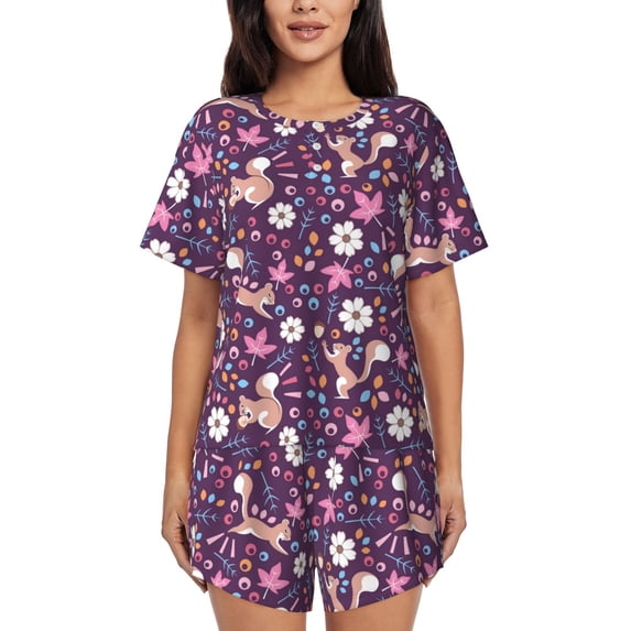 Naloa Cute Squirrel Floral Women's Short-Sleeved Pajama Set, Loungewear, Summer pajamas, Breathable Cozy - Large
