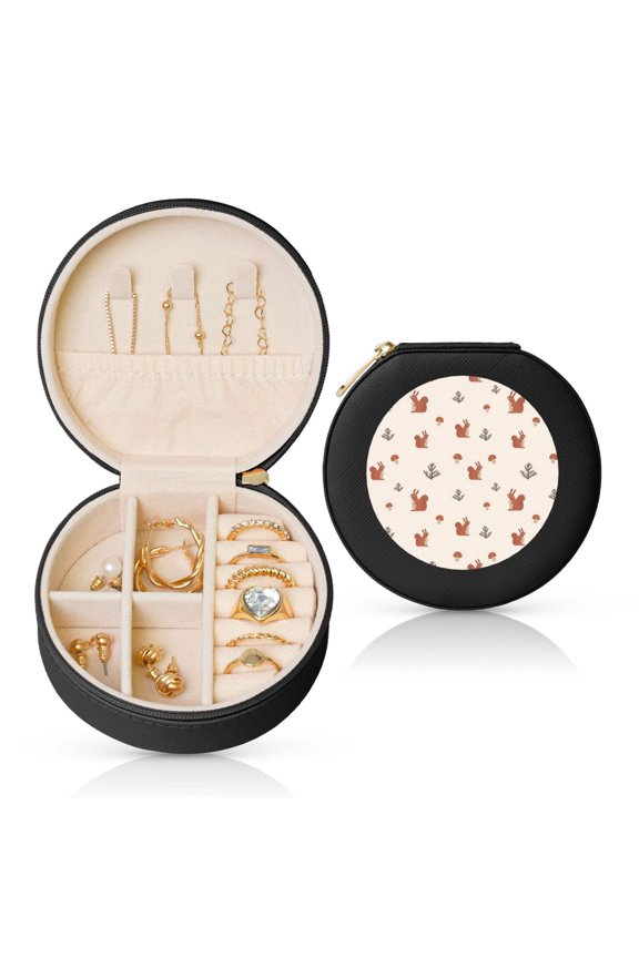 Cute Squirrel Round Jewelry Box, Travel Jewelry Organizer, 3.9 x 3.9 x 2in Jewelry Storage Box for Women-Black