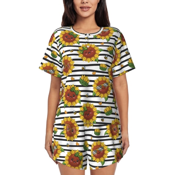 Naloa Cute Sunflowers Women's Short-Sleeved Pajama Set, Loungewear, Summer pajamas, Breathable Cozy - Medium