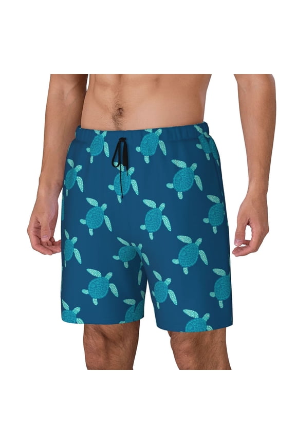 Cute Turtle Print Men Swim Trunks with Compression Liner ,Board Shorts,Men's Swim Shorts with Drawstring and Elastic Waistband-3X-Large