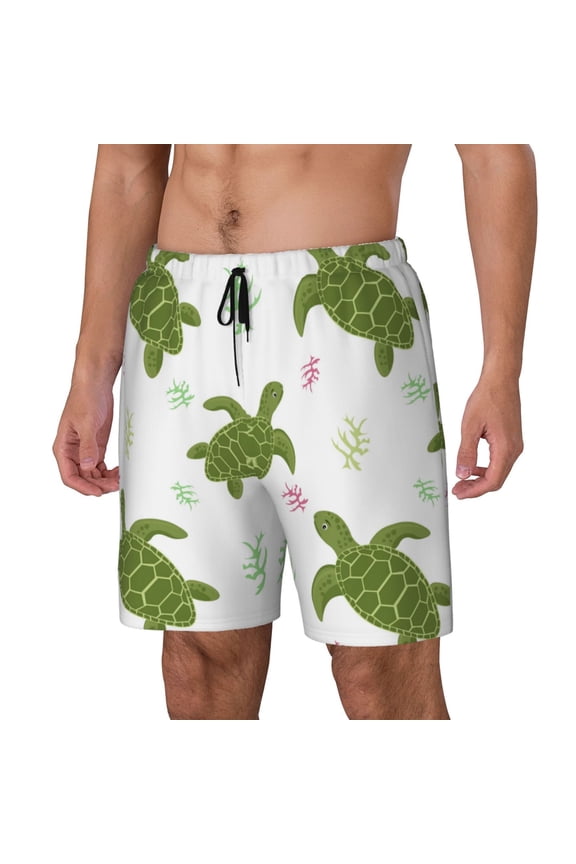 Cute Turtle Print Men Swim Trunks with Compression Liner ,Board Shorts,Men's Swim Shorts with Drawstring and Elastic Waistband-X-Large