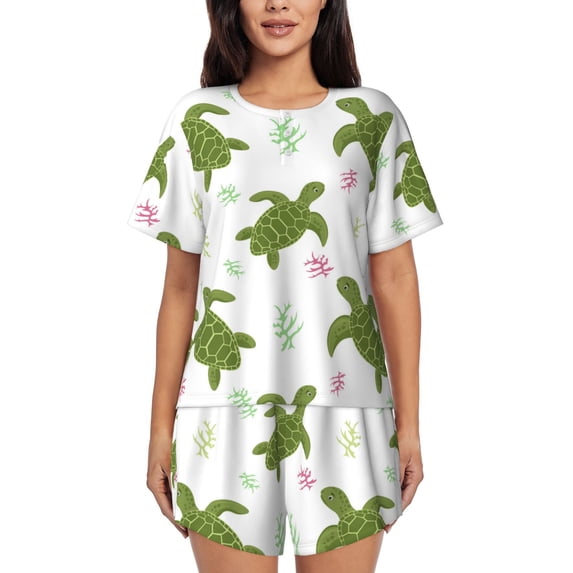 Naloa Cute Turtle Women's Short-Sleeved Pajama Set, Loungewear, Summer pajamas, Breathable Cozy - Large
