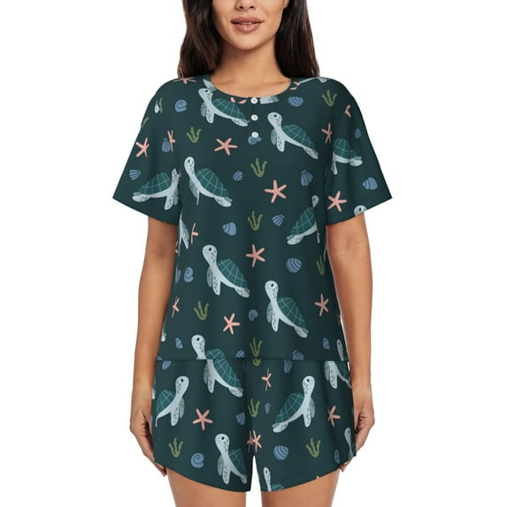 Naloa Cute Turtle Women's Short-Sleeved Pajama Set, Loungewear, Summer pajamas, Breathable Cozy - XX-Large