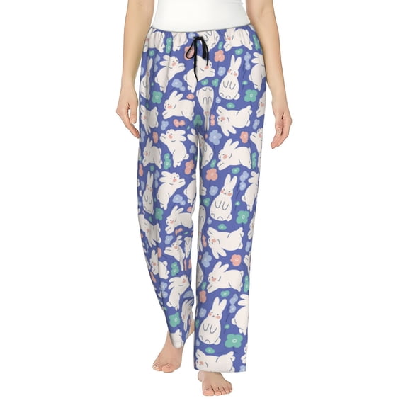 Naloa Cute White Rabbit Print Women’s Ultra-Soft Comfy Pajama Lounge Pants with Pockets & Drawstring
