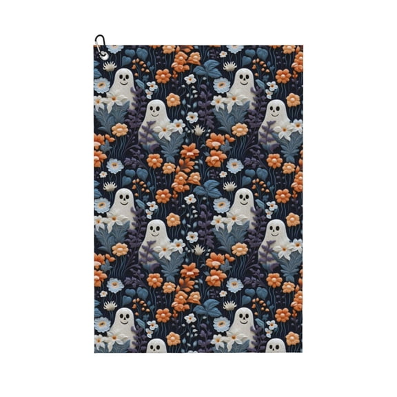 Naloa Cute ghost in the flowers Golf Towel Golf Gift for Men and Women Golf Towel with Carabiner Clip to Quickly Remove Mud, Dirt and Sweat