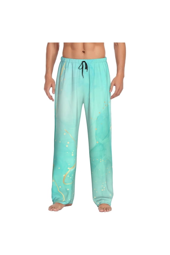 Cyan Mint Marble Pajama Pants Men, PJ Bottoms, Sleep & Lounge Pants-Small