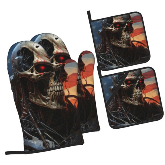 Naloa Cyberpunk Skull American Flag Oven Mitts and Pot Holders 4 pcs Set, Cooking Baking Grilling Kitchen Oven Glove for Cooking