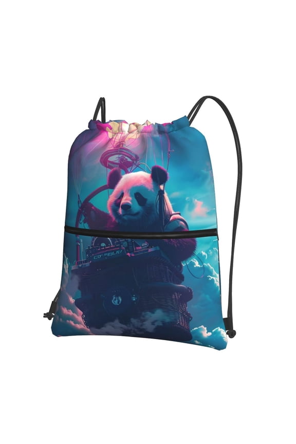 DJ Panda Hot Air Balloon Drawstring Backpack String Bag Cinch Water Resistant for Gym Shopping Sport Yoga