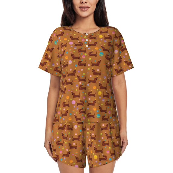 Naloa Dachshund And Ball Women's Short-Sleeved Pajama Set, Loungewear, Summer pajamas, Breathable Cozy - X-Large