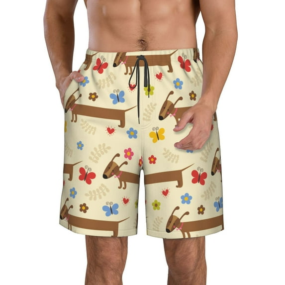 Naloa Dachshund Dog And Flower Men's Beach Shorts, Surfing shorts, Swim trunks, Quick Dry Swim Trunks for Surfing Beach Fun - X-Large
