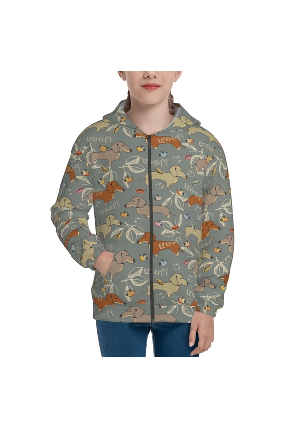 Dachshund Dog Bird Teenage Zipper Hoodie, Long Sleeve Zip Up Hoodies Casual Jackets Tops for 7-12 Years-Medium