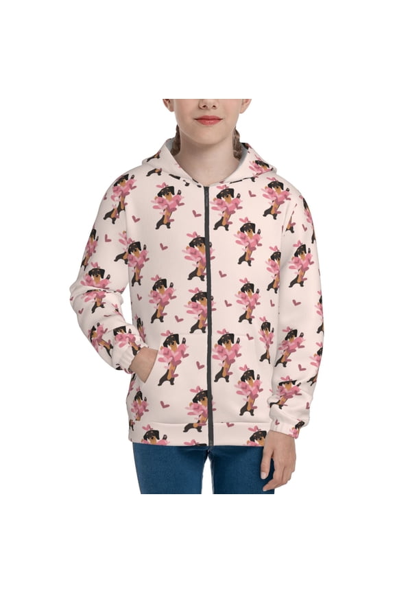 Dachshund Dog Heart Teenage Zipper Hoodie, Long Sleeve Zip Up Hoodies Casual Jackets Tops for 7-12 Years-Small