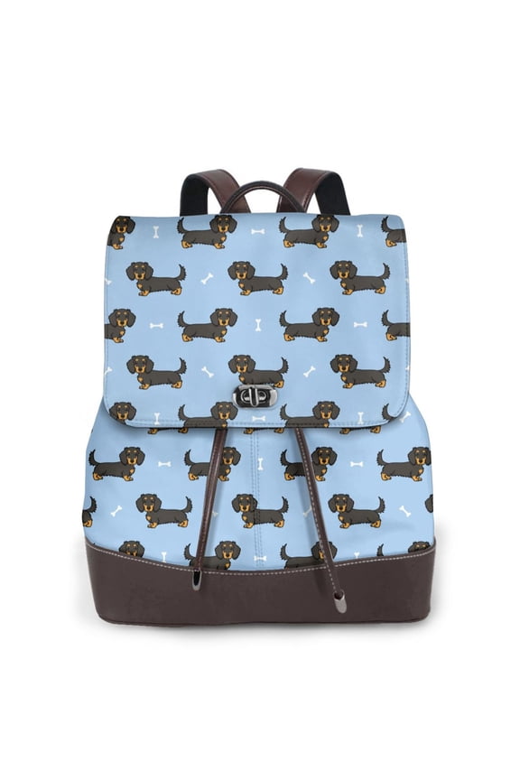 Dachshund Dog Print Women's Leather Backpack,Travel Laptop Backpack,Fashion Ladies Leather Backpack Bag for Travel,Leather Drawstring Daypack for Me
