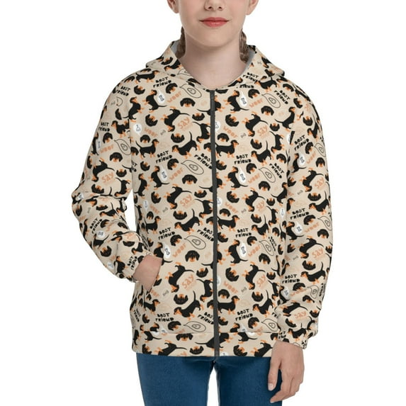 Naloa Dachshund Teenage Zipper Hoodie, Long Sleeve Zip Up Hoodies Casual Jackets Tops for 7-12 Years-Small