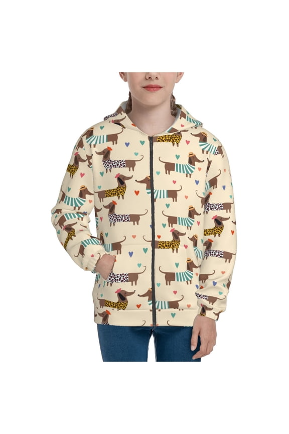 Dachshund Dog Teenage Zipper Hoodie, Long Sleeve Zip Up Hoodies Casual Jackets Tops for 7-12 Years-Medium