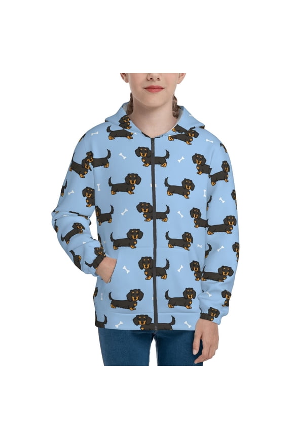 Dachshund Dog Teenage Zipper Hoodie, Long Sleeve Zip Up Hoodies Casual Jackets Tops for 7-12 Years-Medium