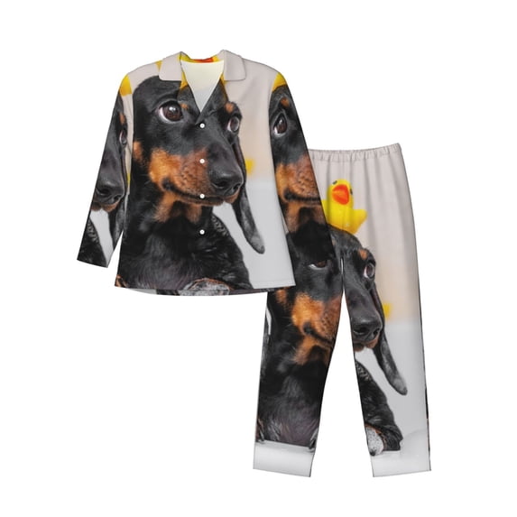 Naloa Dachshund Sitting in Bathtub Men’s Pajamas Set - Long Sleeve Button Down Sleep Shirt and Pajama Bottoms Sleepwear Set-Medium