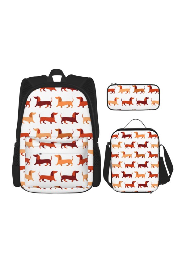 Dachshund Walking Print Large Capacity Backpack Lunch Bag Pencil Case Combination 3 Piece Set for Student