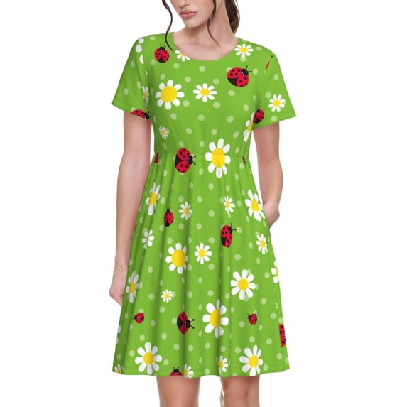 Naloa Daisies And Ladybugs Print Womens Summer A-Line Dress with Pockets,Short Sleeve Dresses,Flowy Beach Swing Dress for Vacation Travel