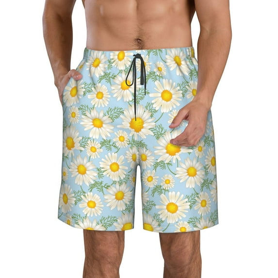 Naloa Daisies Flowers Men's Beach Shorts, Surfing shorts, Swim trunks, Quick Dry Swim Trunks for Surfing Beach Fun - Medium