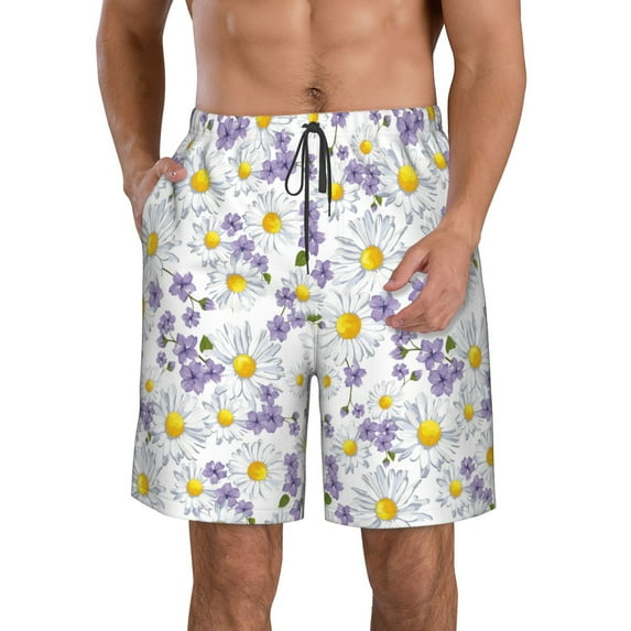 Naloa Daisies Flowers Men's Beach Shorts, Surfing shorts, Swim trunks, Quick Dry Swim Trunks for Surfing Beach Fun - Small