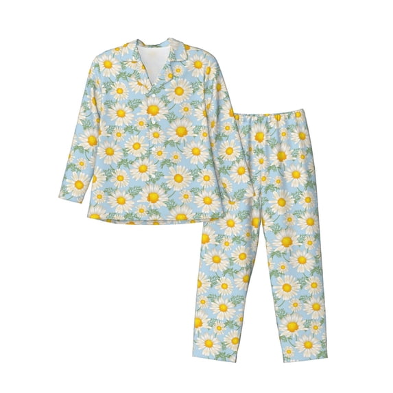 Naloa Daisies Flowers Men’s Pajamas Set - Long Sleeve Button Down Sleep Shirt and Pajama Bottoms Sleepwear Set-Large