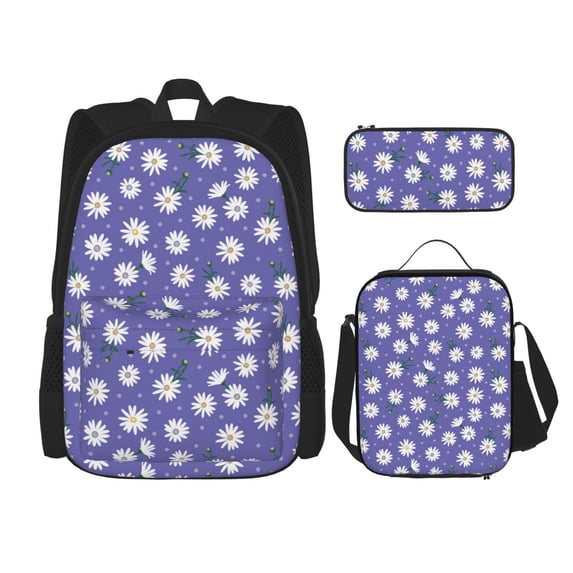 Naloa Daisies Flowers Print Large Capacity Backpack Lunch Bag Pencil Case Combination 3 Piece Set for Student