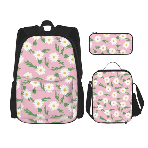 Naloa Daisies Flowers Print Large Capacity Backpack Lunch Bag Pencil Case Combination 3 Piece Set for Student