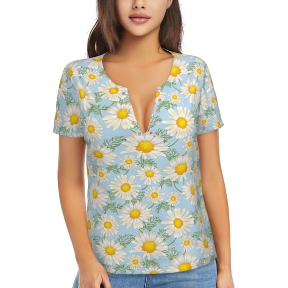 Naloa Daisies Flowers Print T-Shirts Short Sleeve V Neck Tees for Women Fashion Tops Trendy Lightweight Soft Casual Summer Outfits Clothes