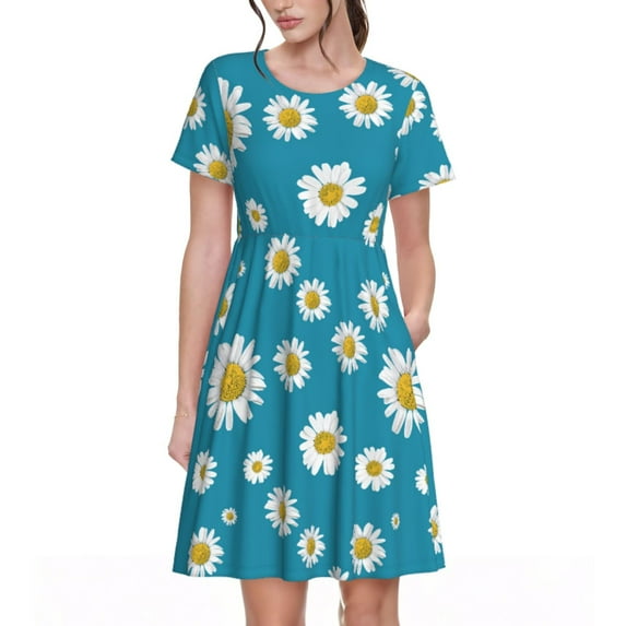 Naloa Daisies Flowers Print Womens Summer A-Line Dress with Pockets,Short Sleeve Dresses,Flowy Beach Swing Dress for Vacation Travel
