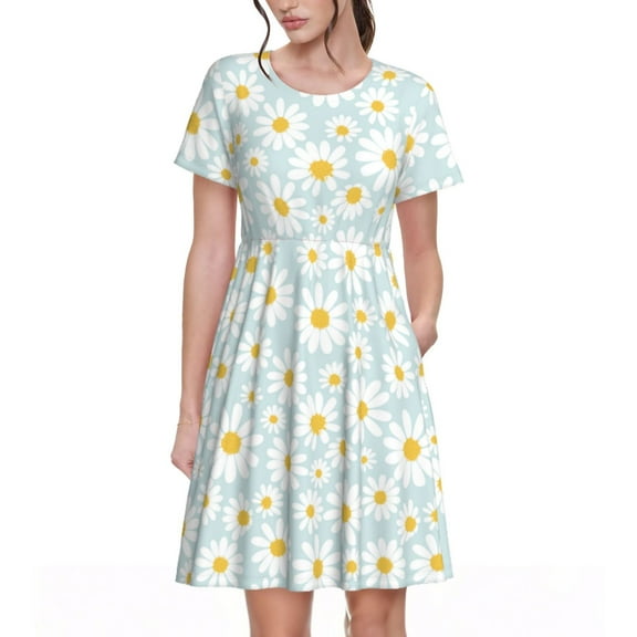 Naloa Daisies Flowers Print Womens Summer A-Line Dress with Pockets,Short Sleeve Dresses,Flowy Beach Swing Dress for Vacation Travel
