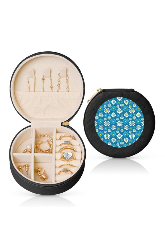 Daisies Flowers Round Jewelry Box, Travel Jewelry Organizer, 3.9 x 3.9 x 2in Jewelry Storage Box for Women-Black