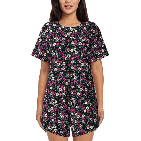 Naloa Daisies Flowers Women's Short-Sleeved Pajama Set, Loungewear, Summer pajamas, Breathable Cozy - Large