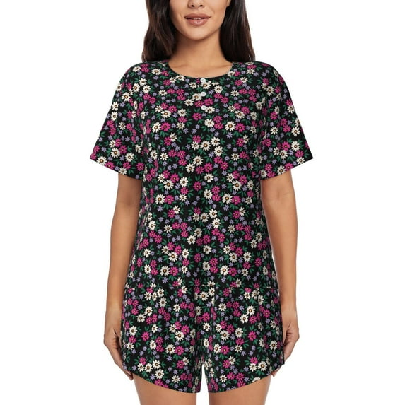Naloa Daisies Flowers Women's Short-Sleeved Pajama Set, Loungewear, Summer pajamas, Breathable Cozy - Small