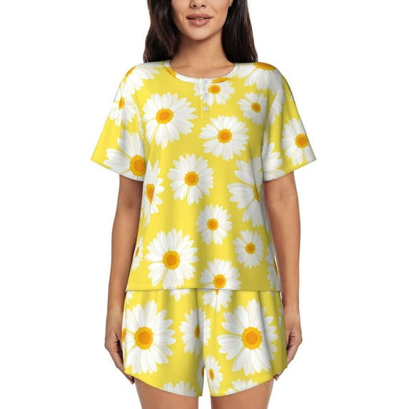Naloa Daisies Flowers Women's Short-Sleeved Pajama Set, Loungewear, Summer pajamas, Breathable Cozy - XX-Large