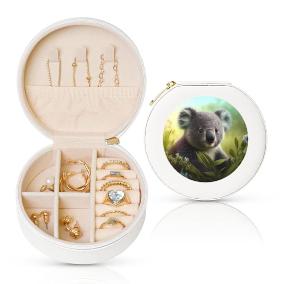 Naloa Daisy Koala Round Jewelry Box, Travel Jewelry Organizer, 3.9 x 3.9 x 2in Jewelry Storage Box for Women-White