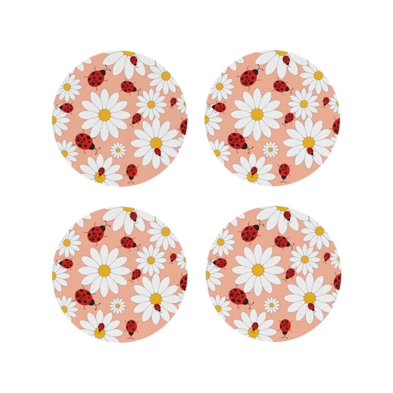 Naloa Daisy and Ladybug Leather Coasters for Drinks, Durable Drink Coasters 4 Set for Tabletop Protection, Luxurious Home Décor and Housewarming Gift ( {designName})Round Shape